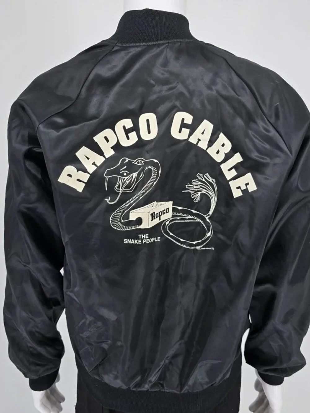 Vintage 1980s Rapco Cable Back Graphic Black Nylon Satin Bomber Jacket (L)